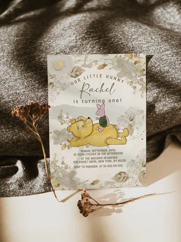 Winnie the Pooh Inspired First Birthday; Classic Winnie Pooh Invitations; Neutral Winnie Pooh Turning One; Winnie Pooh Birthday Party flw12 $12.78
