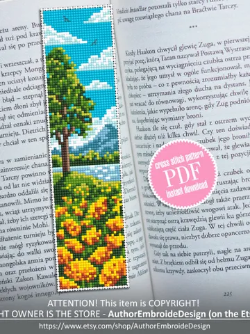 Nature bookmark cross stitch pattern download PDF Modern handmade bookmark digital PDF, Nature landscape cross stitch, Yellow flowers #B120 $4.40