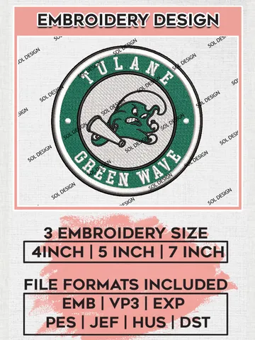 NCAA Tulane Green Wave Round Logo Embroidery, NCAA Tulane Green Wave Logo Embroidery files, NCAA Teams, Machine embroidery designs, Digital Download $6.99