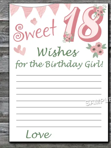 Sweet 18th Wishes for the birthday girl,Adult Birthday party game printable-fun games for her-Instant download $1.50