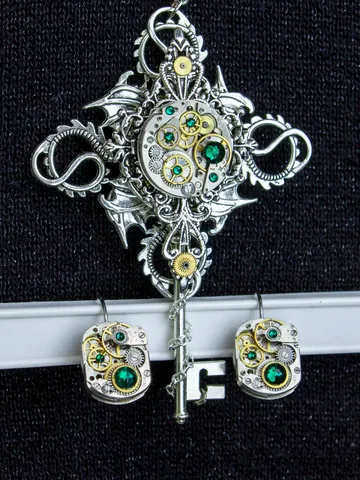 Steampunk Watch Movement Jewelry Set with Green Swarovski Crystals