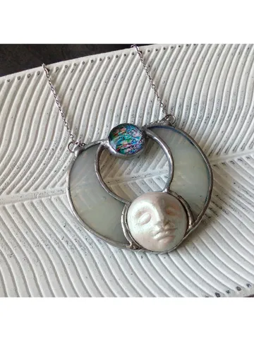 Stained glass moon, Moon Goddess, Moon phase necklace, Stainglass crescent, Full moon pendant, Moon face necklace $58.00