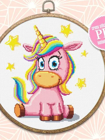 Rainbow unicorn cross stitch pattern download PDF Unicorn hand embroidery PDF, Funny baby animal cross stitch chart, Pink unicorn decor #K9 $4.40