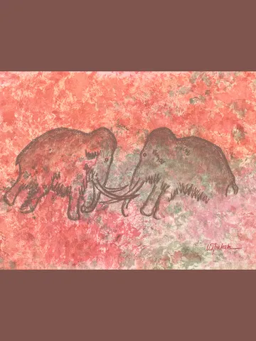 Mammoths wall art | Original Pastel and Watercolor Artwork Ancient Cave Painting Style | Prehistoric art | Handmade Artwork | Stylization of rock art | Drawings of a prehistoric man $90.00