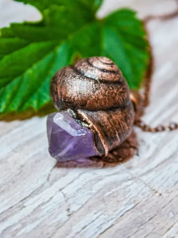 Handmade copper pendant made from real shell using electroforming process, embellished with natural amethyst, great gift for her and him $59.00