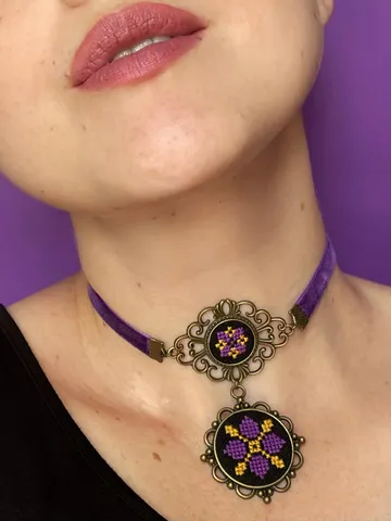 Traditional Ukrainian dukach necklace for namysto Purple mustard yellow choker with Borshchiv embroidery Handmade folk ethnic jewelry