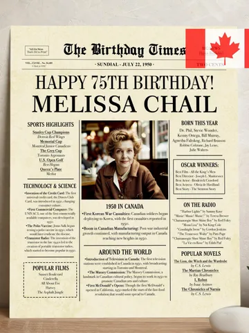 75th Birthday Newspaper Poster 1950 CANADA, 75th Birthday Gift for Men or Women, Personalized 75th Birthday Sign 1950 Canadian Highlights $15.00