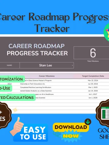 Career Roadmap Progress Tracker Template, Editable Google Sheets, Digital Planner for Career Goals & Professional Growth $8.26