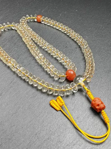 Vintage 8mm Crystal Mala Necklace: Tibetan Rosary 108 Prayer Beads, Citipati Skull Pendant  - 28cm Stretched
