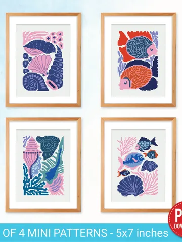 Bundle of 4 mini Sea Cross stitch patterns contemporary ocean fish shell Abstract beginner counted modern chart DIY embroidery instant PDF $10.00