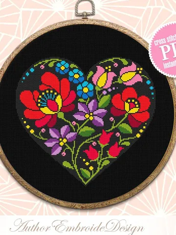 Flower heart cross stitch pattern PDF download Folk flowers cross stitch chart, Floral ornament heart shaped, Heart ornament pattern #P36 $4.35