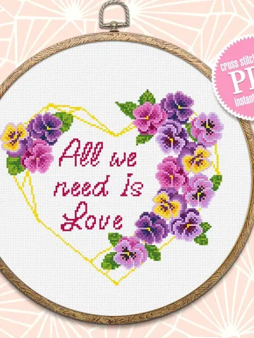 Heart frame cross stitch pattern PDF download Framed quote cross stitch All we need is love, Flower wreath cross stitch chart, Valentine Q56 $4.00