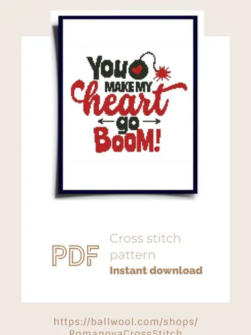 You Make My Heart Go Boom PDF cross stitch pattern, Valentine s embroidery design, Instant download $4.50