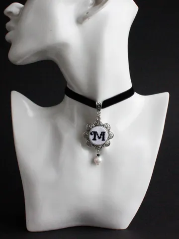 Custom cursive initial necklace with pendant Handmade monogrammed velvet choker with pearl drop Handcrafted personalized victorian jewelry