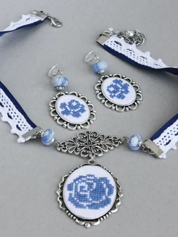 Dusty blue wedding jewelry set of choker and earrings for bride White lace choker with cameo rose pendant Victorian dangle bridal earrings $136.95