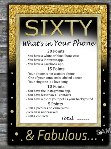 Sixty Birthday What's in Your Phone Birthday Party Game,Adult Birthday party game-fun games for her-Instant download $1.75