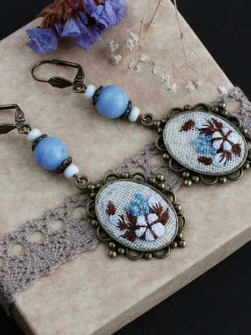 Handmade sky blue white earrings dangle Agate cotton flower earrings Cotton 2nd anniversary gift for her Victorian cameo floral earrings $46.00