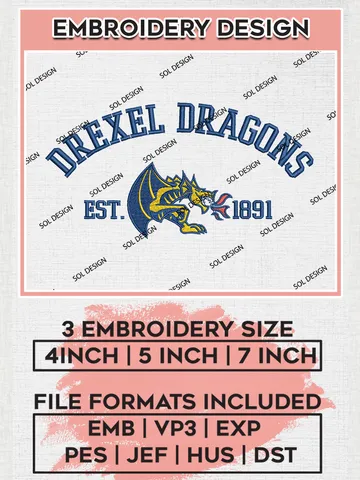 Drexel Dragons Est 1891 Logo Embroidery Designs, NCAA Drexel Dragons Team Embroidery, NCAA Team Logo, 3 sizes, Machine embroidery Files, Digital Download $6.99