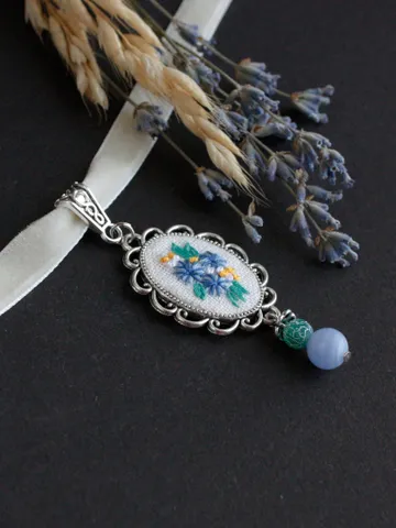 Simple cornflower velvet choker with agate Blue wildflower ribbon or chain necklace Romantic flower lover gift December birthflower $49.00