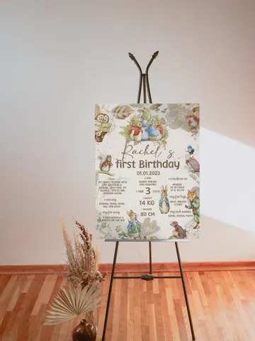 Peter Rabbit Milestone Board Baby Birthday;Baby Birthday Milestone Board; Neutral Rustic Baby Birthday; Peter Rabbit editable template pr1 $11.62