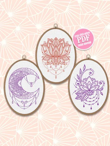 Flower Mandala set cross stitch pattern download PDF Lotus mandala cross stitch, Mandala ornament crescent moon cross stitch chart #S37 $12.00