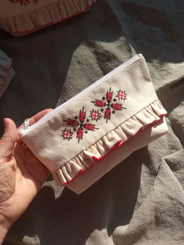 Cosmetic bag or pencil case made of linen with hand embroidery of a traditional Belarusian ornament