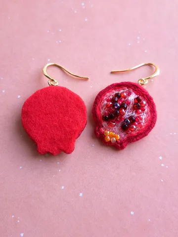 Pomegranate Earrings Handcrafted Jewelry Hand-Embroidered Unique Quirky Accessory Fruit Dangles Accessories Gift for Her