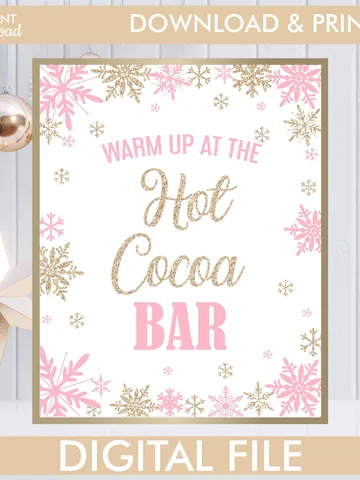 Winter Onederland Sign, Hot Cocoa Bar Sign, Winter Onederland Birthday Girl Decorations, Pink Champagne Gold Snowflakes Instant Download $3.50