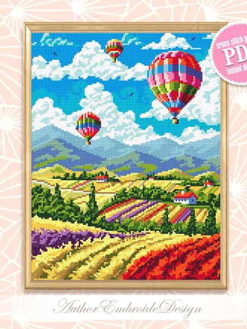 Hot air balloon over flower fields cross stitch pattern PDF download Nature cross stitch chart, Nature pattern digital PDF, Home decor #L73 $4.60