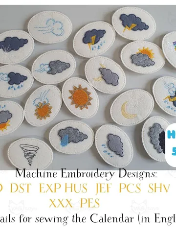 Weather Icons Embroidery Designs ITH, Felt Chart Pieces for Montessori Calendar, Preschool Homeschool Activity, 5x7 Hoop File $10.00