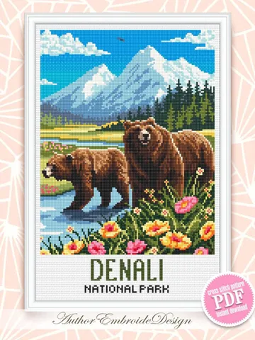 Denali national park cross stitch pattern PDF download Bear cross stitch chart, Mountain landscape pattern digital PDF, Travel poster #L99 $4.90