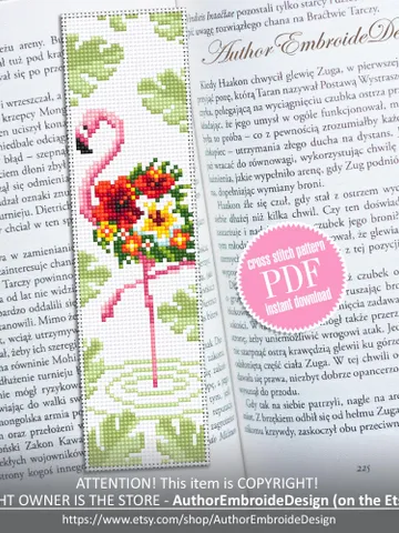 Flamingo bookmark cross stitch pattern PDF download Floral flamingo cross stitch chart, Flower bookmark pattern digital, Monstera leaf #B440 $4.40