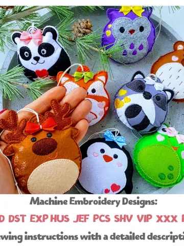 ITH Christmas Ball Ornaments Animal Faces Embroidery Design Set, Felt Tree Decorations Pattern, 4x4 Hoop File