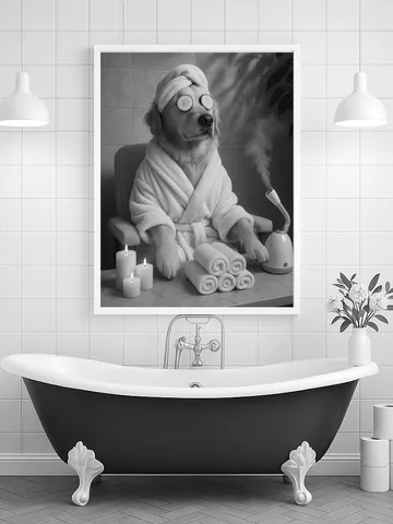 Funny Dog Spa Day Wall Art, Golden Retriever Relaxing with Cucumber Eyes Print, Cute Bathroom Humor Digital Download