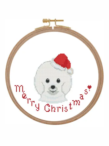 Bichon frise cross stitch pattern counted modern Christmas dog cross stitch pattern PDF small Christmas ornament cross stitch Santa hat