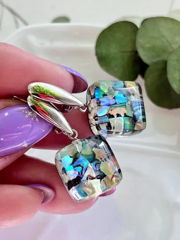 Earrings with mother-of-pearl tridacna square made of epoxy resin for women, handmade $99.00