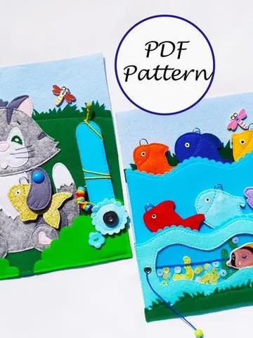 Cat and Fish quiet book PDF pattern & tutorials, Felt activity book for kids, Fishing quiet book template, Felt book ideas for toddler