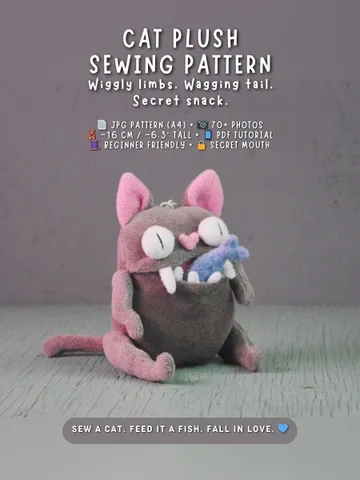 PDF Plush Toy Pattern – Fleece Cat with Fish Softie Tutorial $10.00