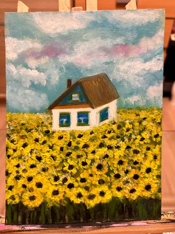 Oil Painting Country House in Sunflower Fields Agriculture Rural Landscape Flowers Nature Summer Vacation Wall Decor Miniature New Unframed Cardboard 9x7 Inches 24x18 cm $39.00