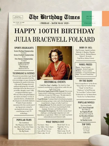 100th Birthday Newspaper Poster with Ireland Highlights, 100th Birthday Ideas, 1925 birthday Irish Sign, Born in 1925 Gifts & Decor $15.00