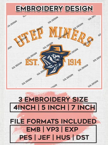 UTEP Miners Est 1914 Embroidery Designs, NCAA UTEP Miners Team Embroidery, NCAA Team Logo, 3 sizes, Machine embroidery Files, Digital Download $6.99