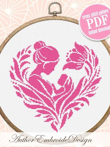 Mother baby silhouette cross stitch pattern PDF download Floral heart cross stitch chart, Heart mandala mother and child, Newborn gift #O12 $4.20