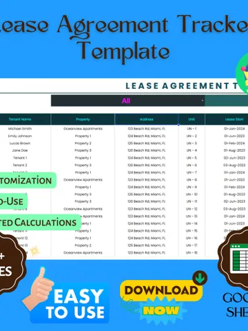 Lease Agreement Tracker Template, Editable Google Sheets, Rental Agreement Management, Property Lease Tracker $8.26
