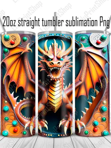 Dragon tumbler wrap 3d tumbler wrap PNG, Tooled leather Tumbler sublimation designs for 20oz skinny straight tumbler Instant download $2.98
