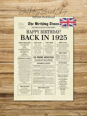 Back in 1925 United Kingdom | 100th Birthday Newspaper Sign | 1925 Birthday Poster UK |100th Birthday Gift | 100 years ago back in 1925 $6.50
