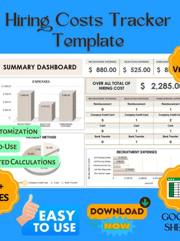 Hiring Costs Tracker Template, Recruitment Expense Monitoring Tool, HR Budget Management Spreadsheet $8.26