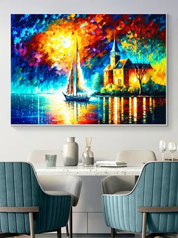 Original Colorful Lake View Oil Painting On Canvas, Abstract Boat Painting, Lakeside Buildings Art, Large Wall Art, Living room Wall Decor $138.65