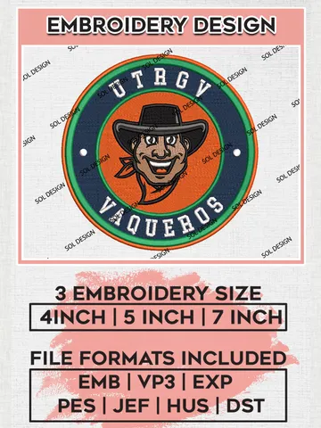 NCAA UT Rio Grande Valley Vaqueros Round Logo Embroidery, NCAA UT Rio Grande Valley Vaqueros Embroidery Design files, NCAA Teams, NCAA Machine embroidery designs, Digital Download
