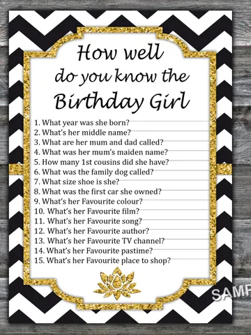 Black White Chevron How well do you know the birthday girl,Adult Birthday party game-fun games for her-Instant download $1.75