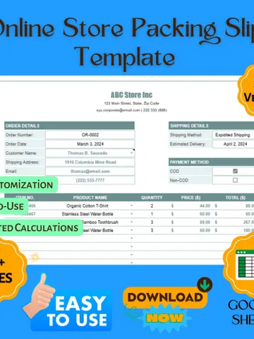Online Store Packing Slip Template, Printable Shipping Invoice, Order Packing List, Google Sheets Template for E-commerce $6.90